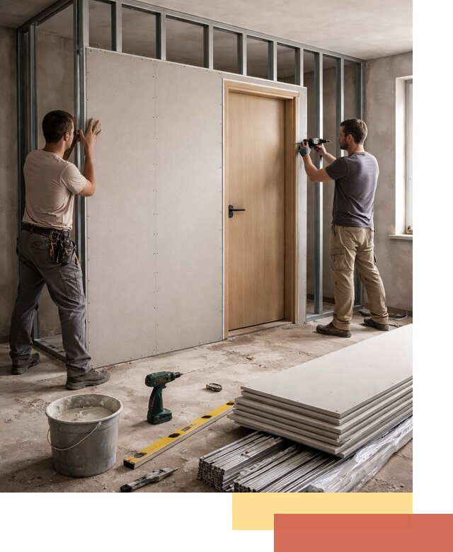 Перегородка из гипсокартона с дверью под ключ в Нижневартовске