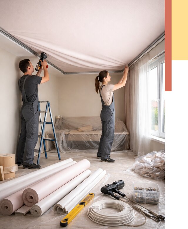 Монтаж цветного натяжного потолка в Нижневартовске от 4351 руб/м² — быстро и недорого | ОТДЕЛОЧНИК-Нжт