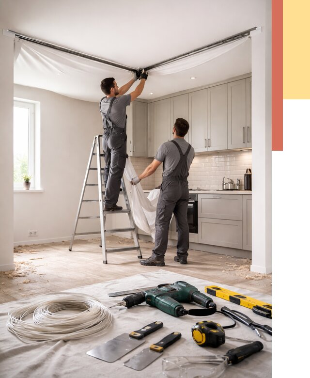 Установка натяжного потолка на кухне в Нижневартовске от 2486 руб. | ОТДЕЛОЧНИК-Нжт